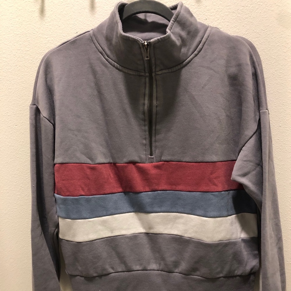 Gray, blue, white pink rose quarter zip